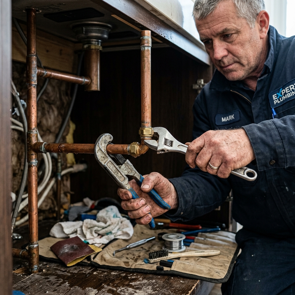 Plumbing technician replacing domestic copper pipe under residential foundation
